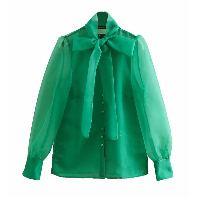 Women's High Street Bow Collar Transparent Organza Green Smock Shirt Blouse Long Sleeve Buttons