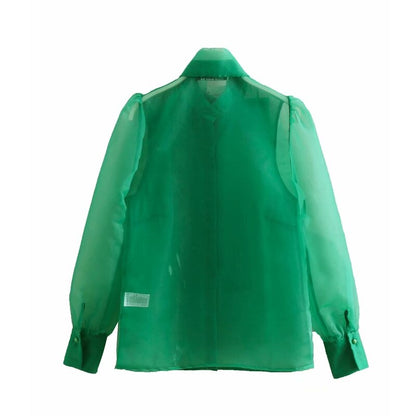 Women's High Street Bow Collar Transparent Organza Green Smock Shirt Blouse Long Sleeve Buttons