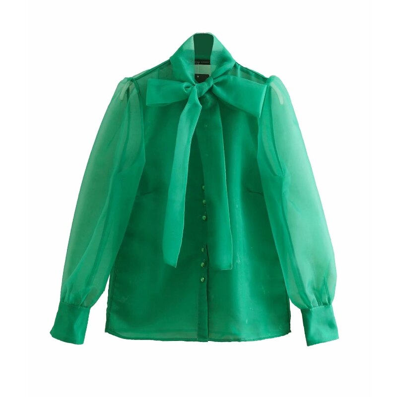 Women's High Street Bow Collar Transparent Organza Green Smock Shirt Blouse Long Sleeve Buttons