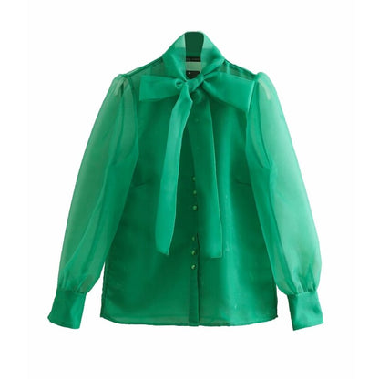 Women's High Street Bow Collar Transparent Organza Green Smock Shirt Blouse Long Sleeve Buttons