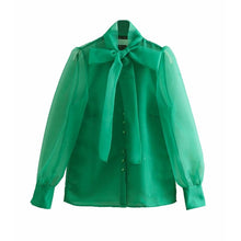 Charger l&#39;image dans la galerie, Women&#39;s High Street Bow Collar Transparent Organza Green Smock Shirt Blouse Long Sleeve Buttons
