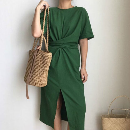 women's summer white cotton short sleeve bandage bodycon sexy dress plus size solid mid calf long casual dresses