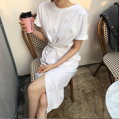 women's summer white cotton short sleeve bandage bodycon sexy dress plus size solid mid calf long casual dresses