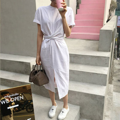 women's summer white cotton short sleeve bandage bodycon sexy dress plus size solid mid calf long casual dresses