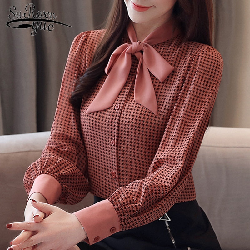 womens tops and blouses long sleeve women shirts fashion bow collor office blouse women plaid chiffon shirt female top 2413 50