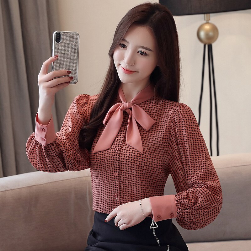 womens tops and blouses long sleeve women shirts fashion bow collor office blouse women plaid chiffon shirt female top 2413 50